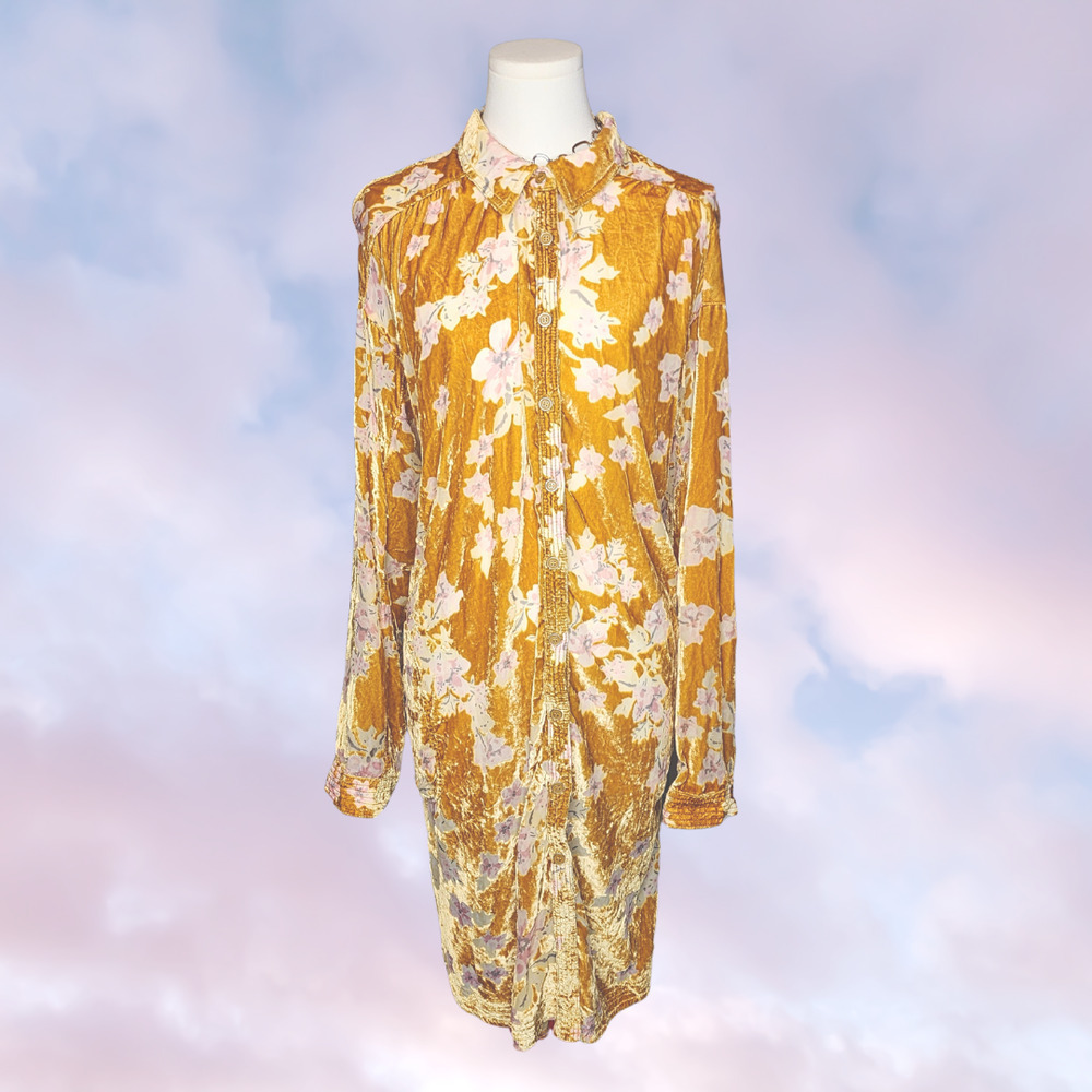 NWT Free People Vibrant Yellow Burnt Velvet Floral Button Up Duster Top Sz M